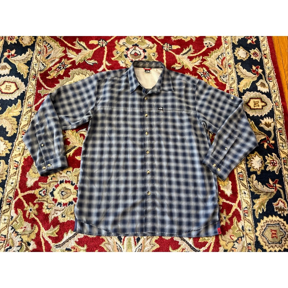 The North Face Men XL Blue Gray Plaid Button Down Shirt Outdoor Hiking Camp Read